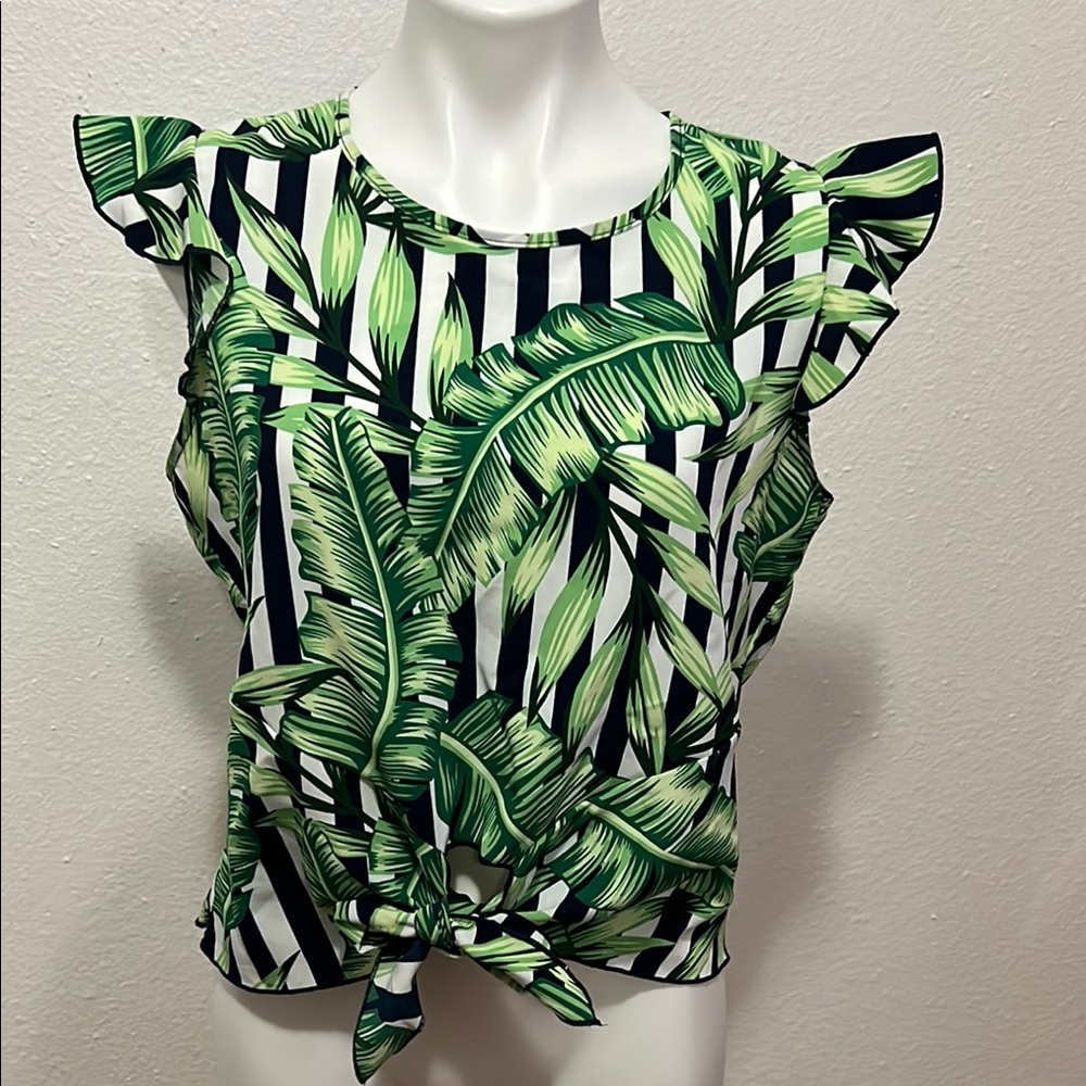 Hello Miss Green Leaf Print Top Sz L